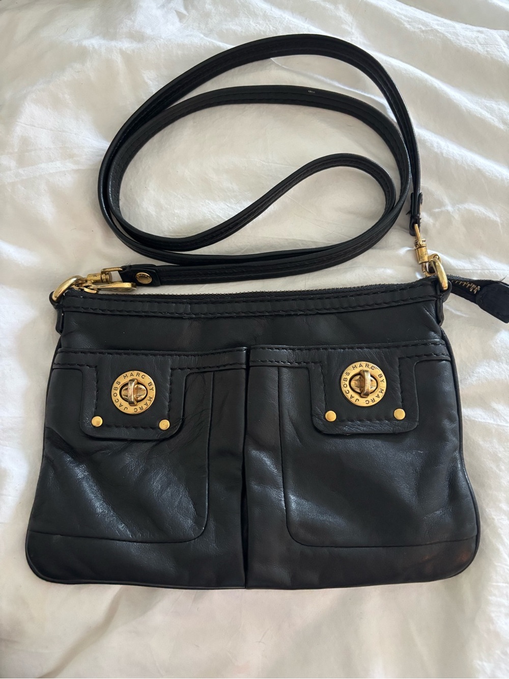 Marc by Marc Jacobs Classic Q Double Pocket Crossbody Bag Leather Brass Hardware